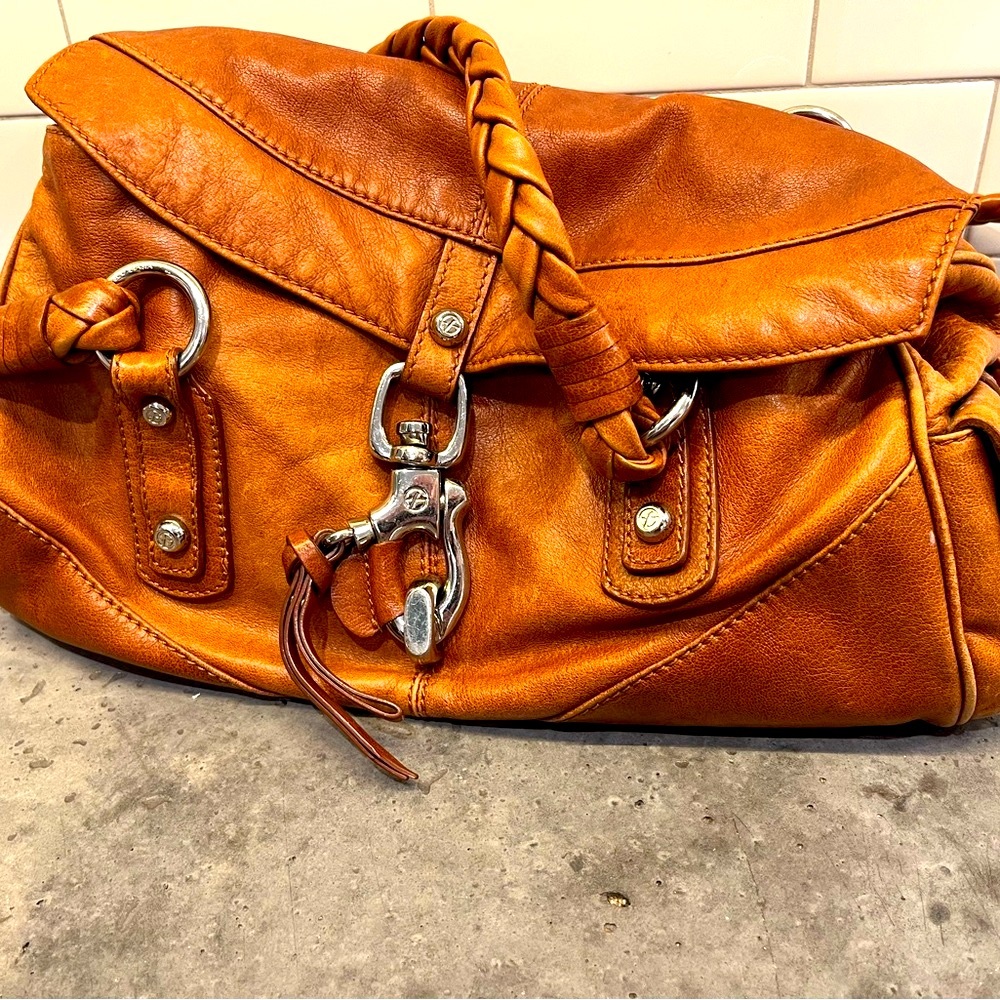 Brown Leather Handbag with Braided Handle